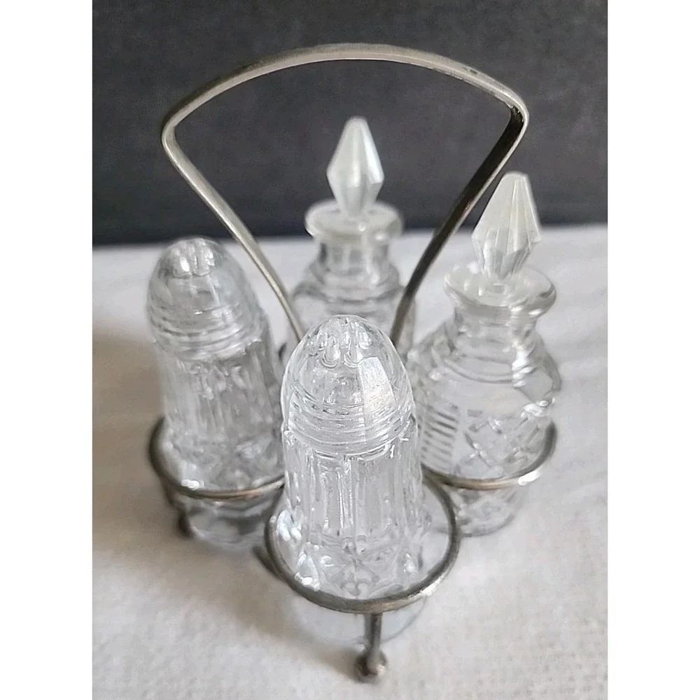 Eales Of Sheffield Cut Glass 4 Bottle Condiment Cruet Caddy Silver Plated VTG